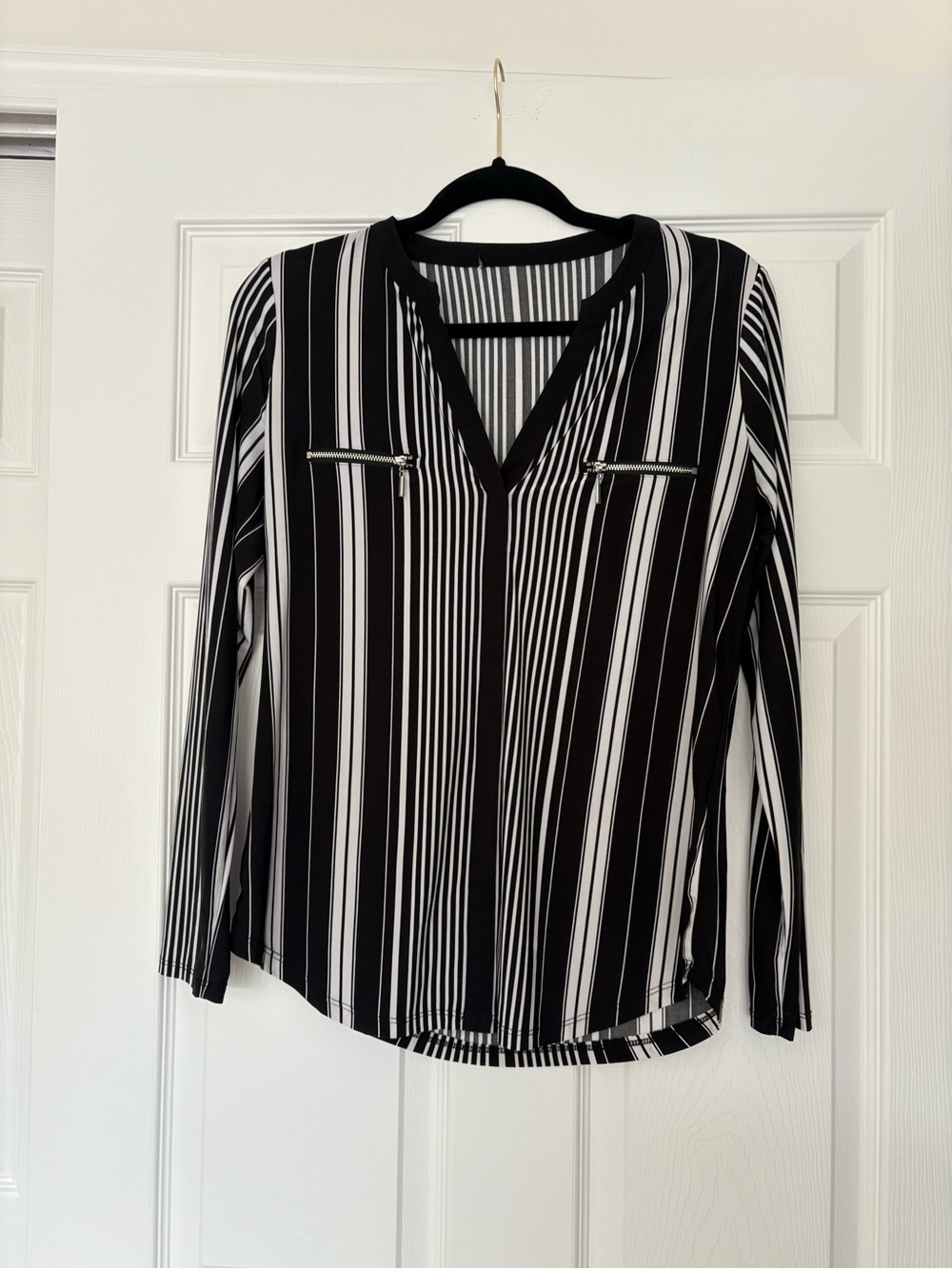 INC International Concepts Black and White Vertical Stripe V-Neck Blouse